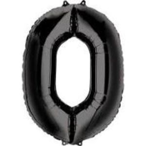 Folie ballon XL cijfer 0 zwart kleur is 1 meter  groot inclusief een flamingo sleutelhanger