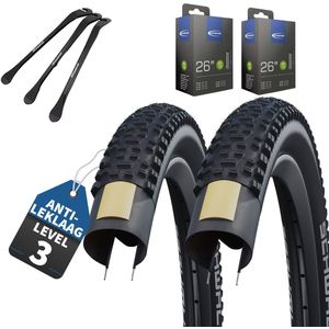 2-delige Set Schwalbe Fietsbanden Rapid Rob van 26 inch x 2,25 (57-559) buitenband + Auto/Schrader ventiel binnenband en 3 metalen MSZweirad bandenlichters voor eenvoudige wisseling van banden