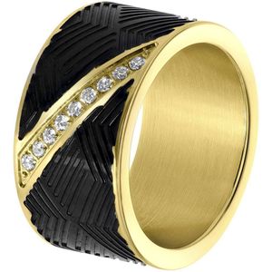 Lucardi Heren Goldplated ring met zirkonia - Ring - Cadeau - Vaderdag - Staal - Goudkleurig