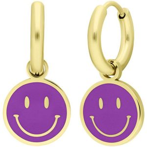 Lucardi Kinder Stalen goldplated oorbellen met smiley violet - Oorbellen - Staal - Goudkleurig