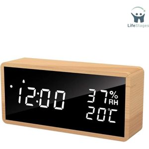 LifeStages - Klokradio - Digitale Houten Wekker - Elektronische Wekker met 3 Alarminstellingen - USB-aangedreven Digitale Sluimerwekker met LED-tijd - Temperatuur- en Vochtigheidsweergave - Hout