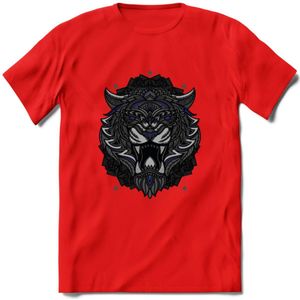 Tijger - Dieren Mandala T-Shirt | Donkerblauw | Grappig Verjaardag Zentangle Dierenkop Cadeau Shirt | Dames - Heren - Unisex | Wildlife Tshirt Kleding Kado | - Rood - S