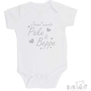 100% katoenen Romper ""Jimme wurde Pake & Beppe met hartjes"" zwangerschapsaankondiging Fries Unisex Katoen Wit/zilver Shiny Maat 56/62