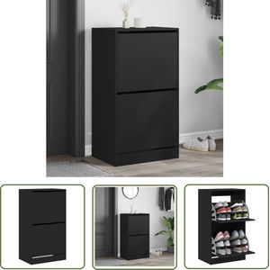 The Living Store Schoenenkast met 2 klaplades 60x42x108 cm zwart - Schoenenkast - Zwarte Schoenenkast - Houten Schoenenkast - Kast Voor Schoenen - Schoenen Organisatie