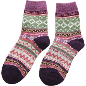 Warme winter sokken dames - 1 paar - Vintage design Noorse stijl - Paars/Groen - maat 35 tot 39