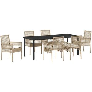 vidaXL - 7-delige - Tuin - Eetset - met - Kussens - Beige - Poly - Rattan