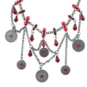 Behave Antiek zilverkleurige ketting met rode kralen en muntjes hangers