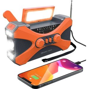 Carlovo Noodradio - Solar Opwindbaar - 10000mAh - Draagbare Radio - Outdoor Radio - Powerbank Zonneenergie - Noodpakket - AM, FM, WB - Zaklamp Met 3 Standen - Leeslamp - SOS Knop - 16X8X4Cm - Oranje