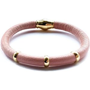 Jolla - dames armband zilver - goudkleurig - leer - magneetsluiting - bedels - Single Gold - Roze