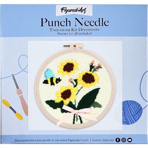 Figured'Art Punch Needle Kit voor Volwassenen en Kinderen - Een bij en zonnebloemen - Perfect voor Beginners. Compleet klaar-om-te-borduren set, maat 20x20 cm met ronde frame