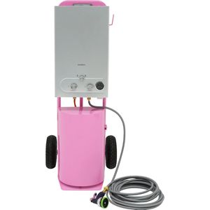 Draagbare paardendouche met Roze trolley, 18L tank, butaangasboiler, 9 spuitmodi, 10m slang, verzorgingsaccessoires en gasregelaar, ideaal voor stallen en kamperen.