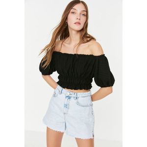 Trendyol Zwarte Carmen Kraag Normale/Normale Pasvorm Wikkel Crop Gebreide Blouse Twoss22Bz1421