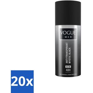 20 x Vogue Men - Mystic Black - Deodorant Spray - Anti-transpirant - 150 ml - 48 Uur Bescherming - Patchouli - Sandelhout - Hout - Frisheid