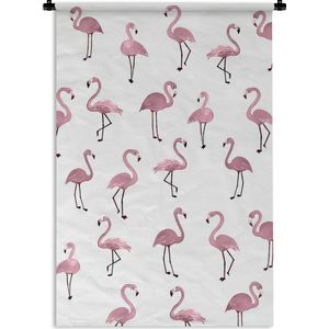 Wandkleed FlamingoKerst illustraties - Patroon van donkerroze flamingo's tegen een witte achtergrond Wandkleed katoen 120x180 cm - Wandtapijt met foto XXL / Groot formaat!