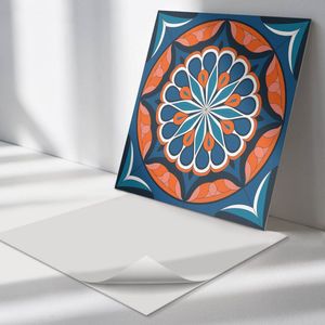 Wallfluent Vinyl Wandpaneel - Mandalapatroon met bladeren Zelfklevend Wandpaneel - 50 cm x 50 cm - Blauw PVC wandpaneel - Set van 4 - Vierkant Wandbekleding Vinyl - Patroon Wandpaneel - PVC Muurpaneel - Wandpaneel Keuken en Badkamer