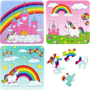 3 verschillende kartonnen puzzels unicorn - eenhoorn 13,5x13cm