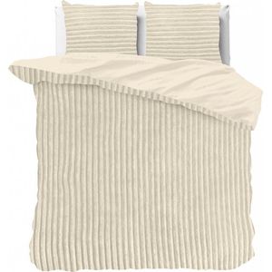 Knuffelzachte teddystof dekbedovertrek Stripes creme - 240x200/220 (lits-jumeaux) - heerlijk slapen - cosy look - luxe kwaliteit - met handige drukknopen