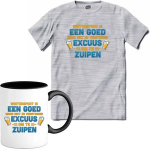 Wintersport is een goed excuus om te zuipen | Grappige apres ski bier shirt | Wintersport kleding - T-Shirt met mok - Unisex - Donker Grijs - Gemêleerd - Maat L