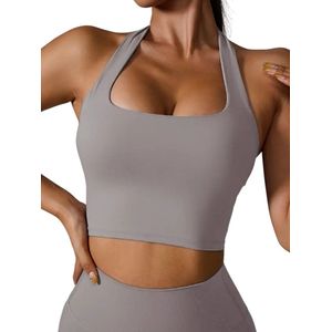 PUREFLEX Halterneck Yoga Top - Sexy Push-Up Sport-Bh met Uitneembare Cups - Dames - Schokbestendig - Stijlvol & Functioneel - Ademende, Zachte Comfort Beha - Fitness Crop Top - Lavendel - Beige - Maat S