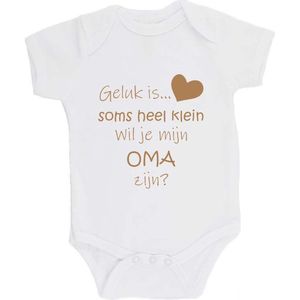 100% katoenen Romper Zwangerschap Aankondiging 2.0 ""Geluk is soms heel klein wil je mijn OMA zijn?"" Unisex Katoen Wit/cappuccino Maat 56/62