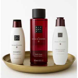 Rituals - Ayurveda - Luxury Set - Bath Foam 500 ml + Shampoo 250 ml + Conditioner 250 ml + Stijlvol Gouden Rond Decoratieve Dienblad
