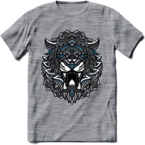 Tijger - Dieren Mandala T-Shirt | Blauw | Grappig Verjaardag Zentangle Dierenkop Cadeau Shirt | Dames - Heren - Unisex | Wildlife Tshirt Kleding Kado | - Donker Grijs - Gemaleerd - XL