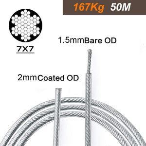 2 mm draadkabel, 316 roestvrijstalen draadkabel, 50 m lange vliegtuigkabel met 25-delige krimplushuls, 7 x 7 draadkern, 167 kg breukvastheid, perfect voor buiten, tuin of knutselwerk