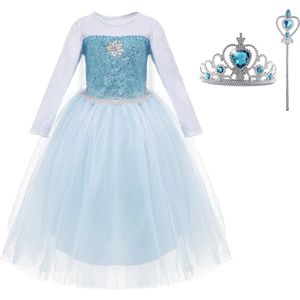 Prinsessenjurk meisje - Elsa jurk - Verkleedkleren - 92/98 (100) - Kroon - Toverstaf - Prinsessen speelgoed - Cadeau meisje - Verjaardag meisje - Kleed - Carnavalskleding meisje