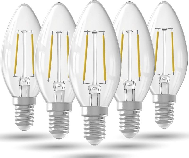 LED Lamp Helder - Set van 5 Stuks, E14, B35 Kaars, Straight filament, 2.5W 250lm 2700K, niet dimbaar
