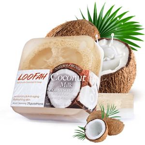 Loofah Zeepblok Coconut - Kokosnoot - Kokosolie - 100g Zeep Stuk met Loofah Spons - Handgemaakte Biologische Body Bar met Luffa - Duurzaam - Handmade - Bio - Vegan - Plantaardig -