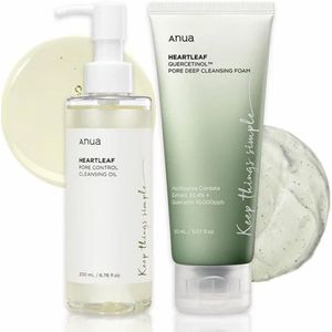 Anua Original Double Cleansing Set: Heartleaf Quercetinol Pore Deep Cleansing Foam 150ml + Anua Heartleaf Pore Control Cleansing Oil 200ml - Korean Skincare - Glass Skin - Acne - Gezichtsverzorging