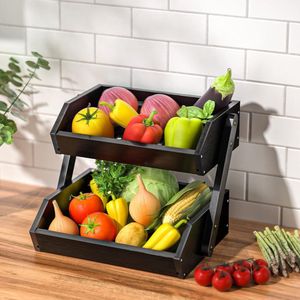 Bamboe fruitmand met 2 etages, afneembare fruitstandaard, opberghouder voor groenten, snacks, brood, keuken, zwart