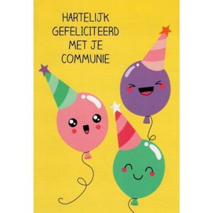 Hartelijk gefeliciteerd met je communie! Een vrolijke kaart met blije ballonnen met een muts op. Een leuke kaart om zo te geven of om bij een cadeau te voegen. Een dubbele wenskaart inclusief envelop en in folie verpakt.
