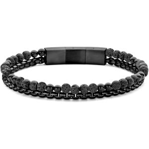 Frank 1967 7FB-0738 Heren Armband - Stalen schakelarmband - 3,8mm - Kralenarmband - 4,8mm - Verstelbaar Slot - Mannen Armband - 21cm - 8mm Breed - Lava - Agaat - Zwart