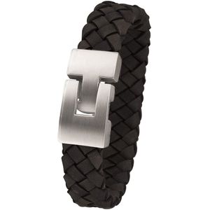 Lucardi Heren armband met gevlochten leer - Staal - Armband - Cadeau - Vaderdag - 22 cm - Zilverkleurig