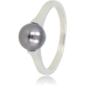 My Bendel Ring zilverkleurig met grote zwarte parel - Zilverkleurige aanschuifring met grote zwarte parel - Met luxe cadeauverpakking