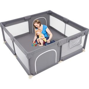 Baby Speelbox Grote Speelplaats met Ademend Net, Veiligheidshek voor het Speelcentrum voor Binnen en Buiten Speelbox Baby (Groot Vierkant Grijs)