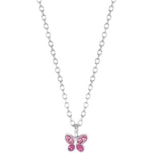 Lucardi Kinderen Ketting vlinder roze kristal - Echt Zilver - Ketting - Cadeau - 38 cm - Zilverkleurig