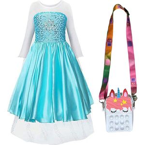 Unicorn - Prinsessenjurk meisje - Verkleedkleren - Het Betere Merk - Prinsessen Verkleedkleding + fidget speelgoed Unicorn tasje - blauwe prinsessenjurk- maat 110 (120) -- prinsessen speelgoed