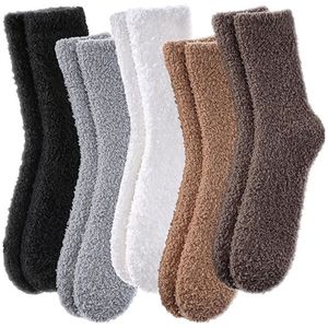5-pack pluchen pantoffels en sokken, zachte, comfortabele, warme, dikke fleece sokken tot halverwege de kuit voor de winter.