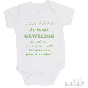100% katoenen Romper ""Lieve MAMA je bent geweldig en zal een supermama zijn. Tot over een paar maanden!"" Unisex Katoen Wit/sage green (saliegroen) 68/74
