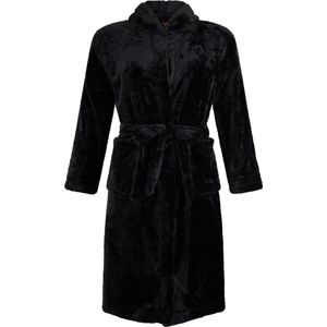 Kinderbadjas fleece - capuchon badjas kind - zwart - ochtendjas flanel fleece - maat M (122/128)
