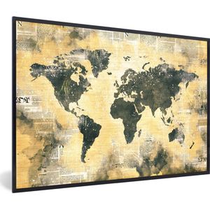 Fotolijst incl. Poster - Wereldkaart - Grijs - Krant - 60x40 cm - Posterlijst