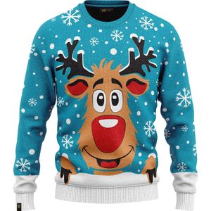 JAP Christmas Kersttrui voor kinderen (maat 104/110) - 100% Gerecycled - Kriebelt niet - Kerstcadeau - Foute Kersttrui jongens en meisjes (4/5 jaar) - Rudolf het Rendier - Licht blauw