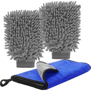 Goodivery ® Uitgebreide Autowas Set met Chenille Microvezel Washandschoen en Reinigingsdoeken, 3-pack