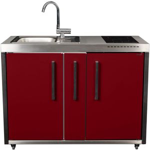 Minikeuken BeNeLux Stengel MO120 A voorgemonteerde metalen outdoor keuken met koelkast - inductie kookplaat - water en electriciteits aansluiting inclusief alle toebehoren Rood Bordeaux