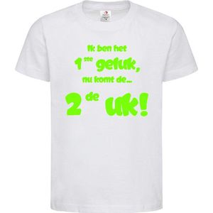Shirt Aankondiging zwangerschap Ik ben het 1ste geluk, nu komt de ... 2de uk! | korte mouw | wit/fluor green | maat 122/128 zwangerschap aankondiging bekendmaking Baby big sis bro sister brother Grote Zus Broer