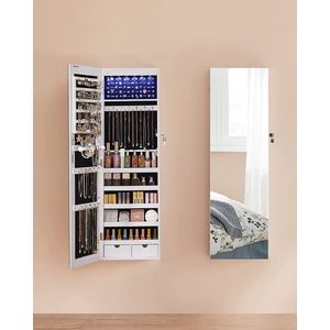 Signature Home Lorael Sieradenkast -  Hangende Sieradenkast met spiegel - Wandspiegel - Sieradenorganizer - met LED-binnenverlichting Wandkast met volledige spiegel Wandmontage Hangend aan de deur Cadeau wit - 37 x 9,3 x 108cm