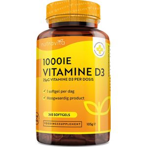Nutravita - Vitamine D3 - 1000 IU - 365 Capsules - Ondersteunt Weerstand en Spieren
