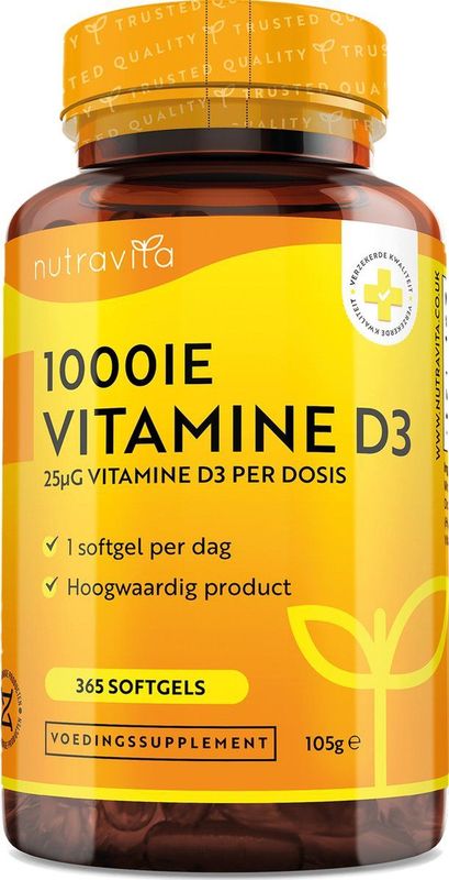 Nutravita - Vitamine D3 - 1000 IU - 365 Capsules - Ondersteunt Weerstand en Spieren